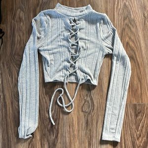 Windsor Ribbed Grey Lace-Up Long Sleeve Crop Top - XS